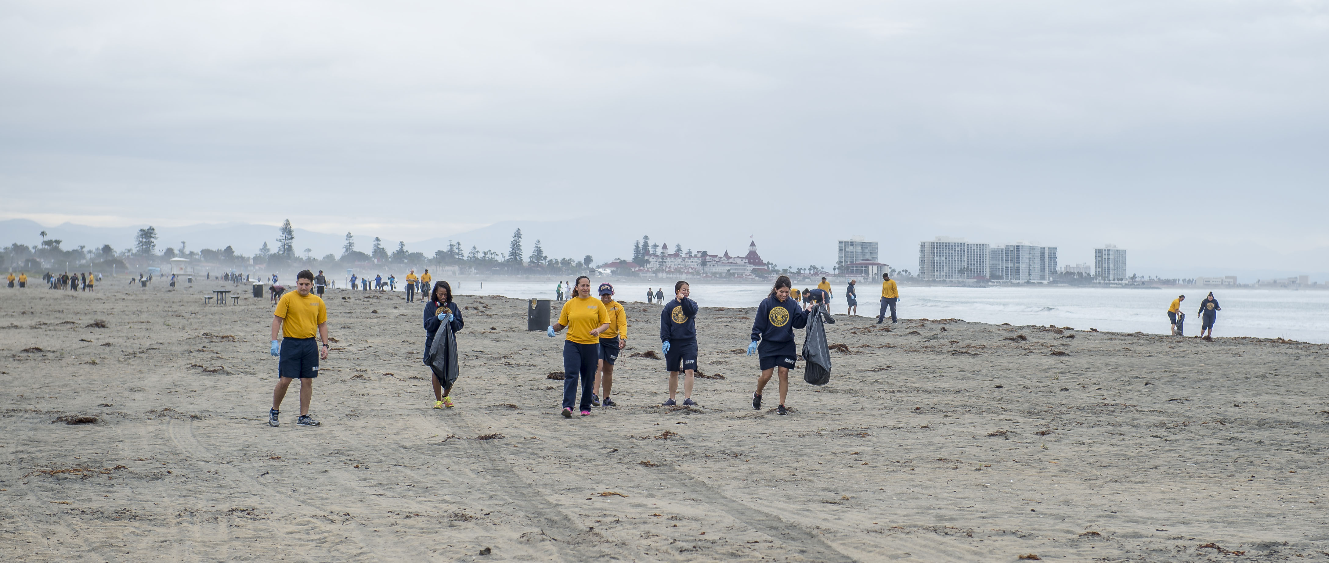 This is an image of Navy Sailors participating in a beach clean-up. 